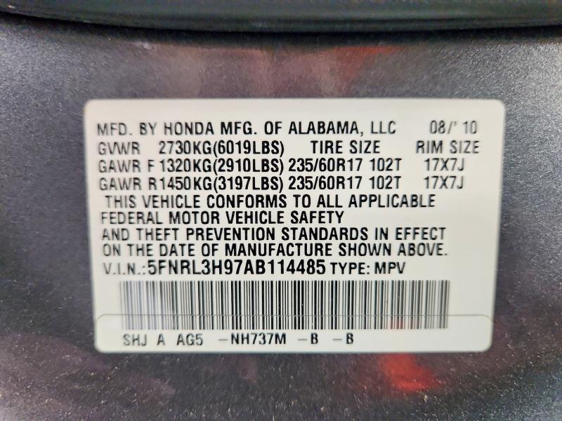 Продажа на аукционе авто 2010 Honda Odyssey, vin: 5FNRL3H97AB114485, номер лота: 60933266