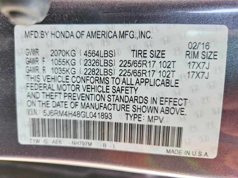Aukcja sprzedaży 2016 Honda Cr-v, vin: 5J6RM4H48GL041893, numer aukcji: 59818156