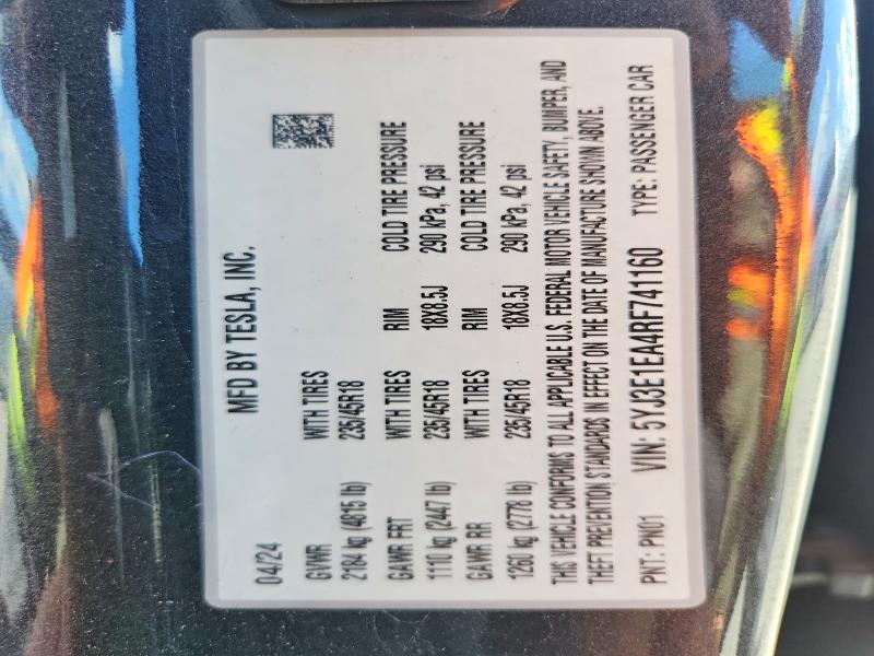 Aukcja sprzedaży 2024 Tesla Model 3, vin: 5YJ3E1EA4RF741160, numer aukcji: 61955446