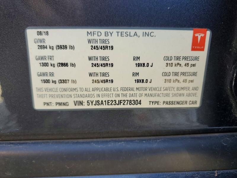 Продажа на аукционе авто 2018 Tesla Model S, vin: 5YJSA1E23JF278304, номер лота: 59300496