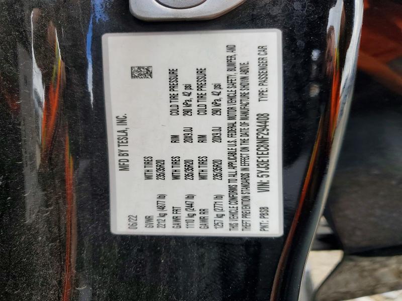 2022 Tesla Model 3 მანქანა იყიდება აუქციონზე, vin: 5YJ3E1EC8NF294408, აუქციონის ნომერი: 60243116