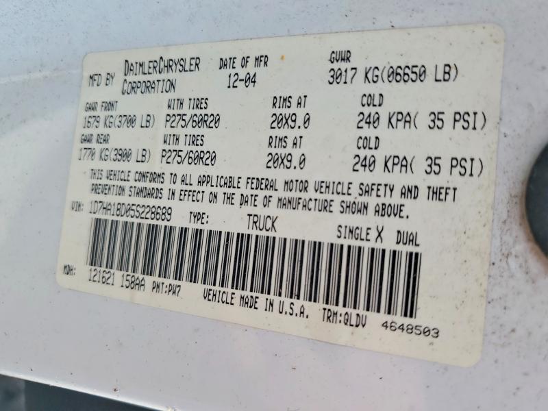 Aukcja sprzedaży 2005 Dodge Ram 1500, vin: 1D7HA18D05S228689, numer aukcji: 62668676