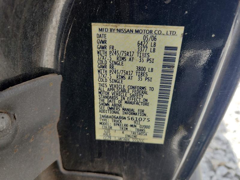 2006 Nissan Titan მანქანა იყიდება აუქციონზე, vin: 1N6BA06A86N561075, აუქციონის ნომერი: 62068666