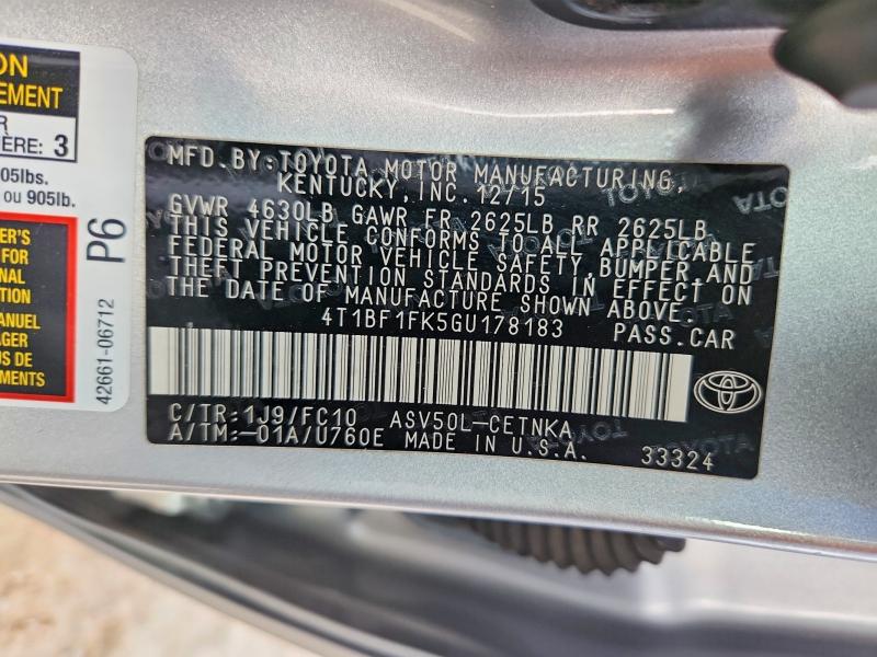 60712416 :رقم المزاد ، 4T1BF1FK5GU178183 vin ، 2016 Toyota Camry مزاد بيع