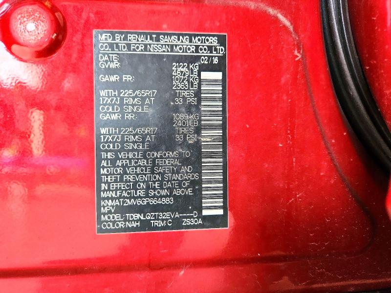 61475326 :رقم المزاد ، KNMAT2MV6GP664883 vin ، 2016 Nissan Rogue مزاد بيع