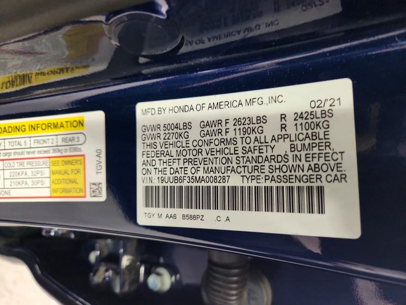 63200036 :رقم المزاد ، 19UUB6F35MA008287 vin ، 2021 Acura Tlx مزاد بيع