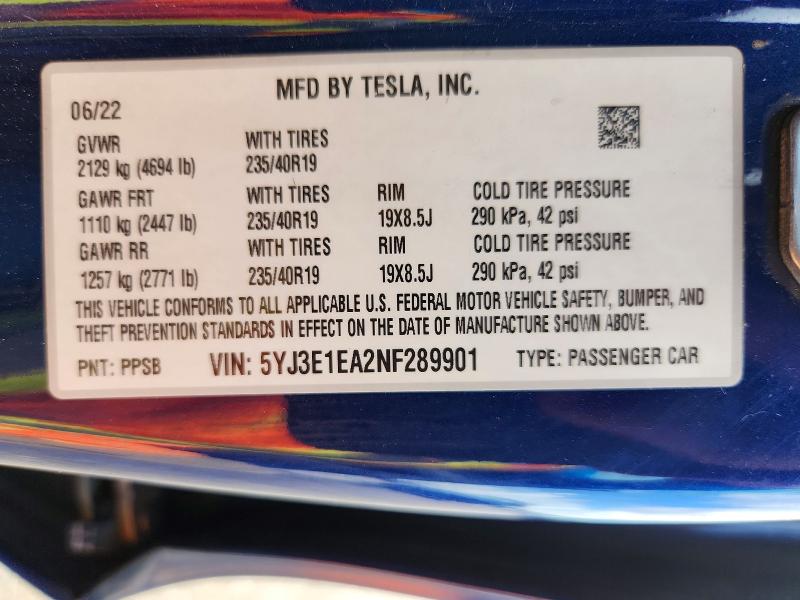 Продажа на аукционе авто 2022 Tesla Model 3, vin: 5YJ3E1EA2NF289901, номер лота: 59953536