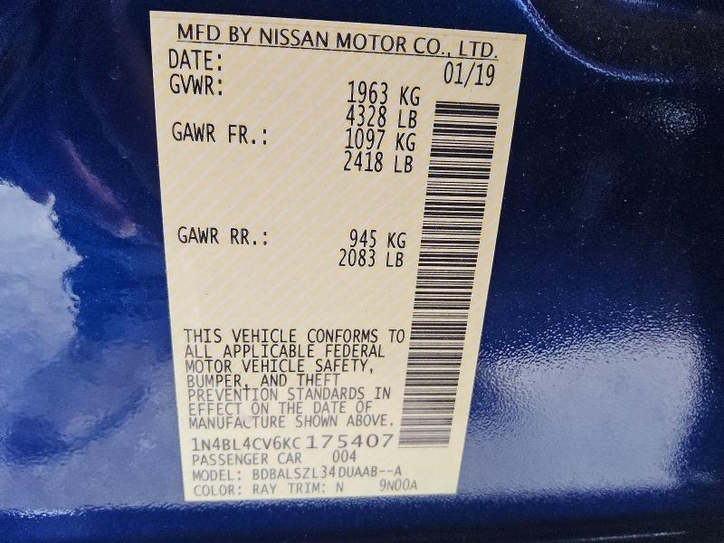 59268266 :رقم المزاد ، 1N4BL4CV6KC175407 vin ، 2019 Nissan Altima مزاد بيع