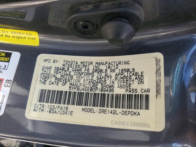 2013 Toyota Corolla მანქანა იყიდება აუქციონზე, vin: 5YFBU4EE0DP109496, აუქციონის ნომერი: 61971496