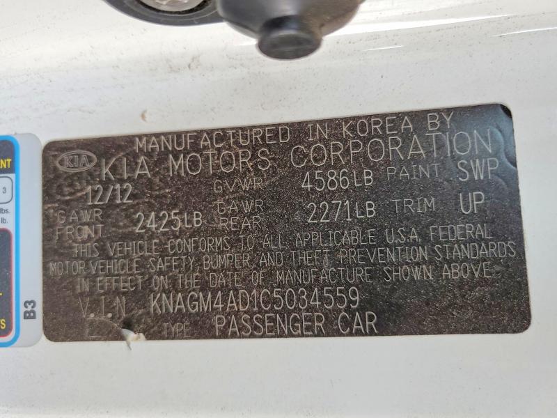 2012 Kia Optima მანქანა იყიდება აუქციონზე, vin: KNAGM4AD1C5034559, აუქციონის ნომერი: 61489196