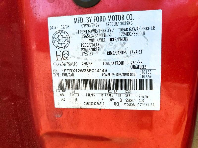 60937756 :رقم المزاد ، 1FTRX12W28FC14149 vin ، 2008 Ford F150 مزاد بيع