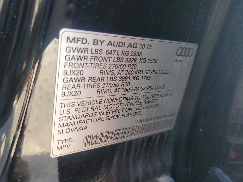 2019 Audi Q8 მანქანა იყიდება აუქციონზე, vin: WA1AVAF16KD010887, აუქციონის ნომერი: 62062846