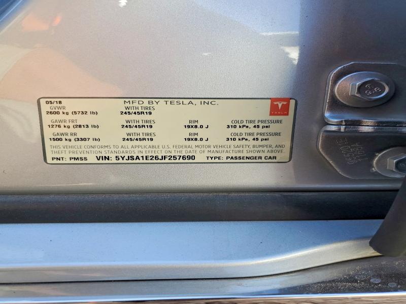 2018 Tesla Model S მანქანა იყიდება აუქციონზე, vin: 5YJSA1E26JF257690, აუქციონის ნომერი: 58997776