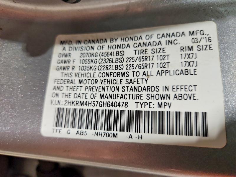 61905736 :رقم المزاد ، 2HKRM4H57GH640478 vin ، 2016 Honda Cr-v مزاد بيع