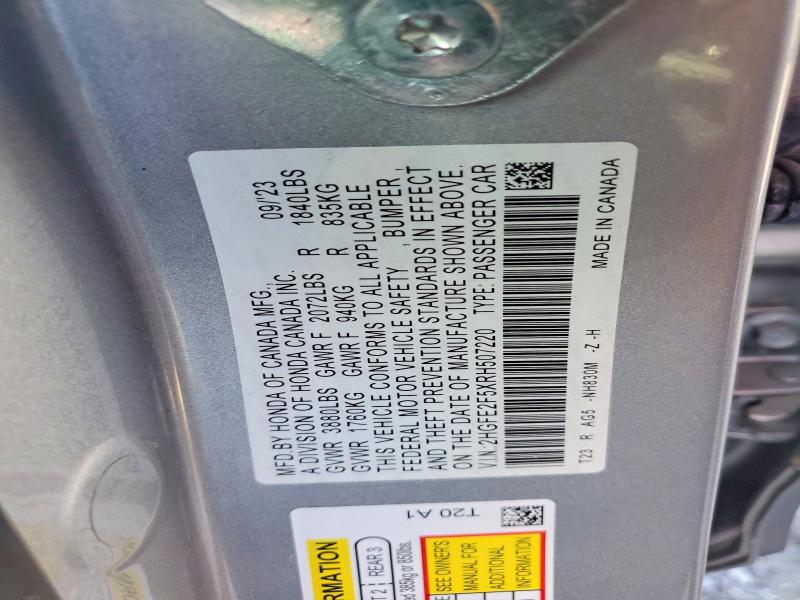 61742336 :رقم المزاد ، 2HGFE2F5XRH507220 vin ، 2024 Honda Civic مزاد بيع