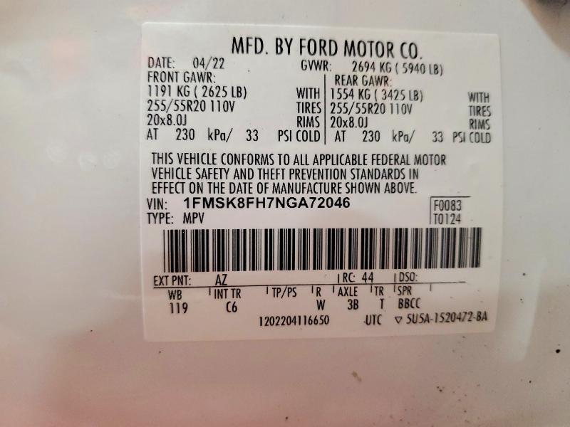 61128866 :رقم المزاد ، 1FMSK8FH7NGA72046 vin ، 2022 Ford Explorer مزاد بيع