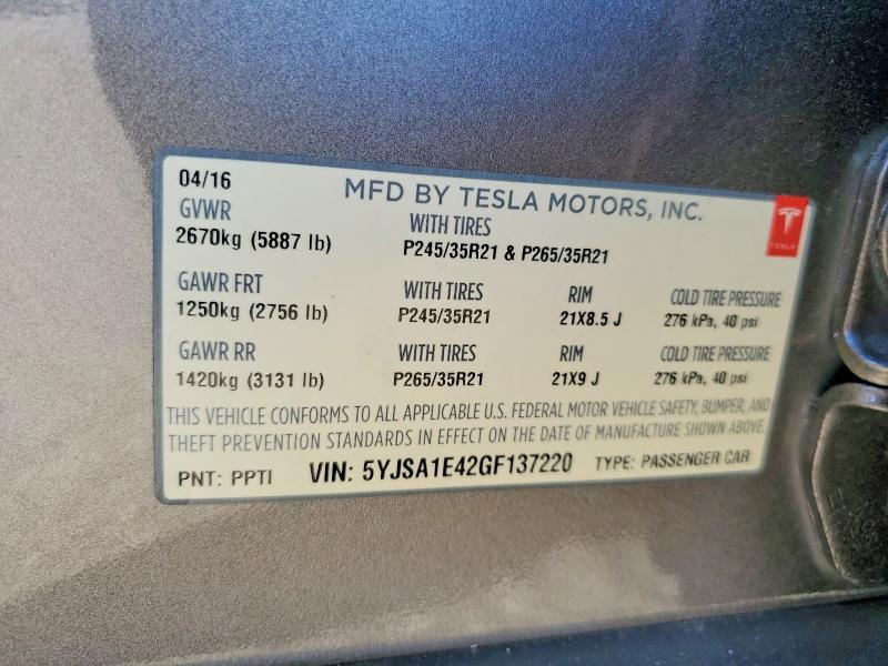 2016 Tesla Model S მანქანა იყიდება აუქციონზე, vin: 5YJSA1E42GF137220, აუქციონის ნომერი: 62702206