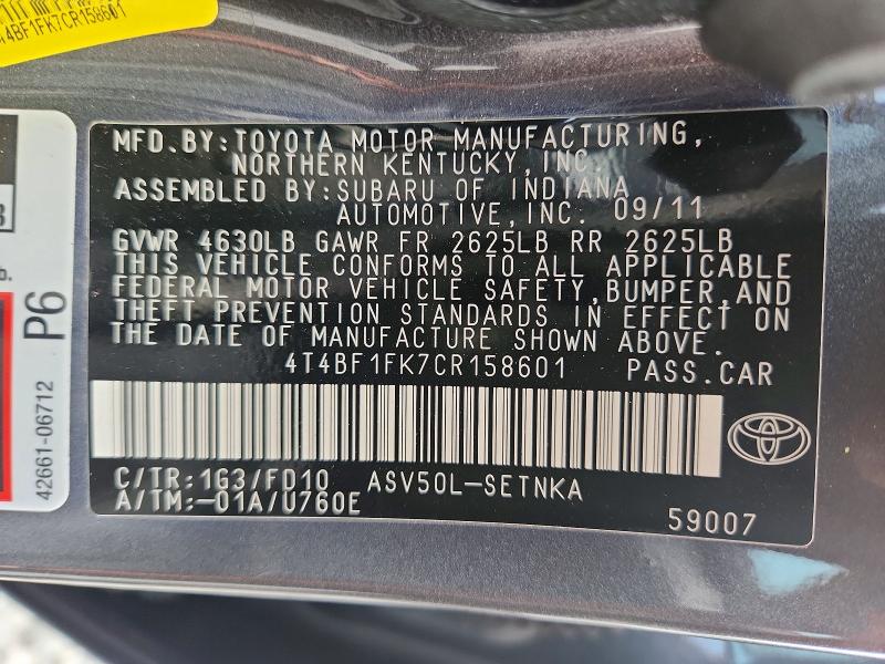2012 Toyota Camry მანქანა იყიდება აუქციონზე, vin: 4T4BF1FK7CR158601, აუქციონის ნომერი: 61757726