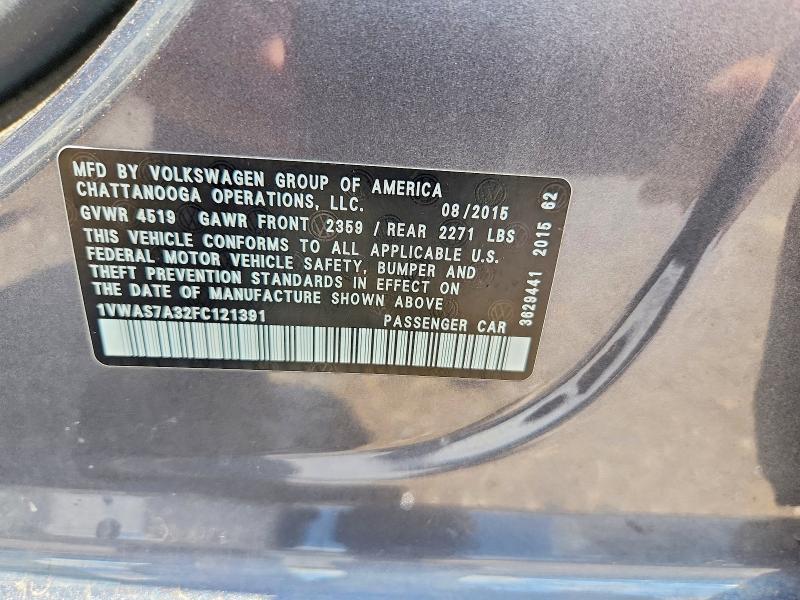 2015 Volkswagen Passat მანქანა იყიდება აუქციონზე, vin: 1VWAS7A32FC121391, აუქციონის ნომერი: 62423986