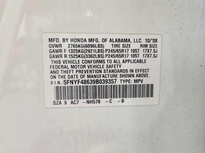 62040586 :رقم المزاد ، 5FNYF48639B039357 vin ، 2009 Honda Pilot مزاد بيع