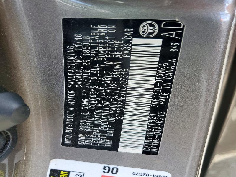 2017 Toyota Corolla მანქანა იყიდება აუქციონზე, vin: 2T1BURHEXHC807516, აუქციონის ნომერი: 60919426