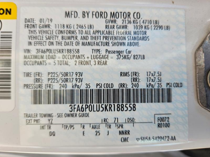 Продаж на аукціоні авто 2019 Ford Fusion, vin: 3FA6P0LU5KR188558, номер лоту: 60887966