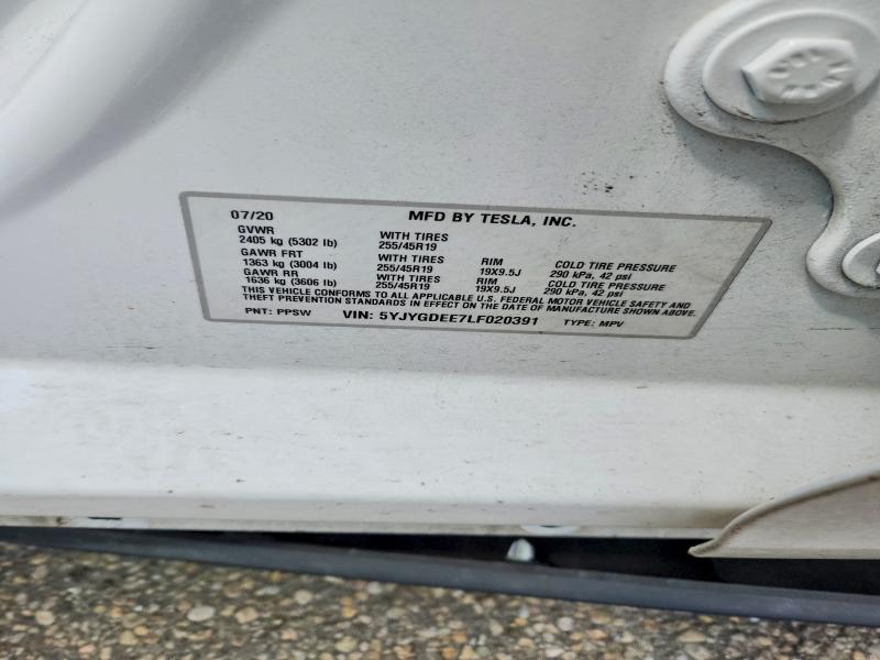 62159206 :رقم المزاد ، 5YJYGDEE7LF020391 vin ، 2020 Tesla Model Y مزاد بيع