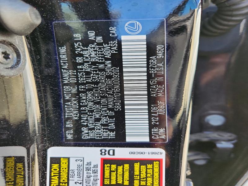 60622406 :رقم المزاد ، 58AD11D16NU009202 vin ، 2022 Lexus Es 250 مزاد بيع