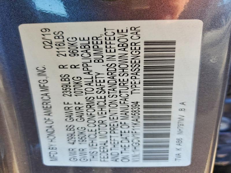 60218306 :رقم المزاد ، 1HGCV1F11KA058394 vin ، 2019 Honda Accord مزاد بيع