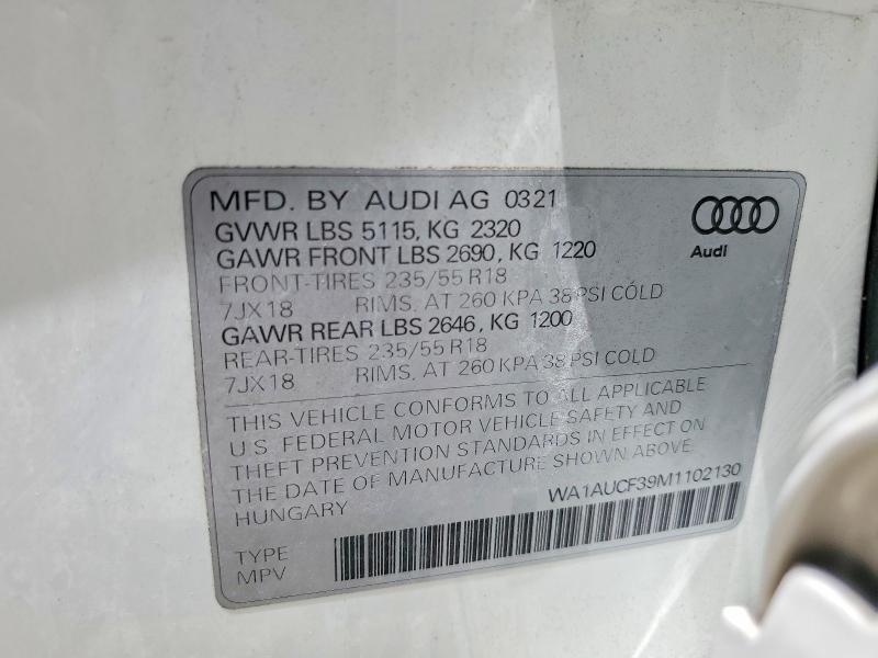 62283676 :رقم المزاد ، WA1AUCF39M1102130 vin ، 2021 Audi Q3 مزاد بيع