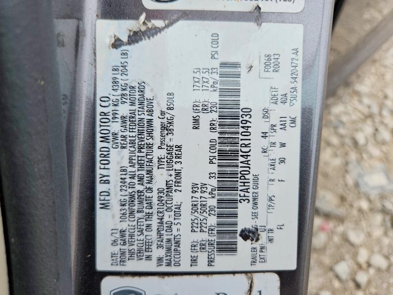 Aukcja sprzedaży 2012 Ford Fusion, vin: 3FAHP0JA4CR104930, numer aukcji: 59813836