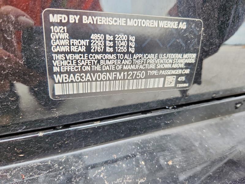 59694006 :رقم المزاد ، WBA63AV06NFM12750 vin ، 2022 Bmw 430i مزاد بيع