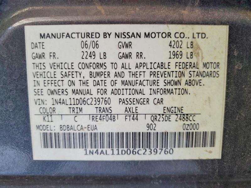 Aukcja sprzedaży 2006 Nissan Altima, vin: 1N4AL11D06C239760, numer aukcji: 59984696