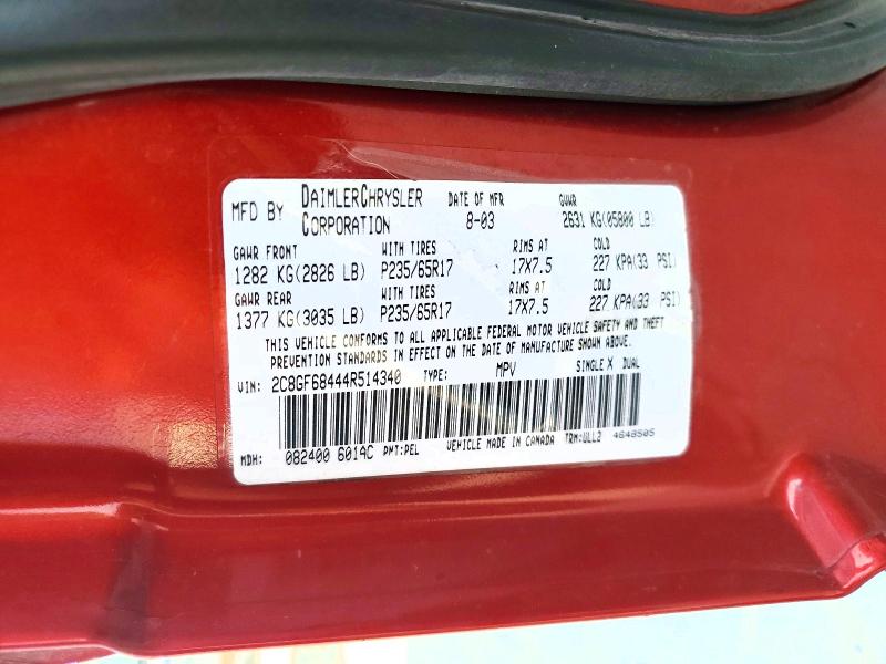 62647296 :رقم المزاد ، 2C8GF68444R514340 vin ، 2004 Chrysler Pacifica مزاد بيع