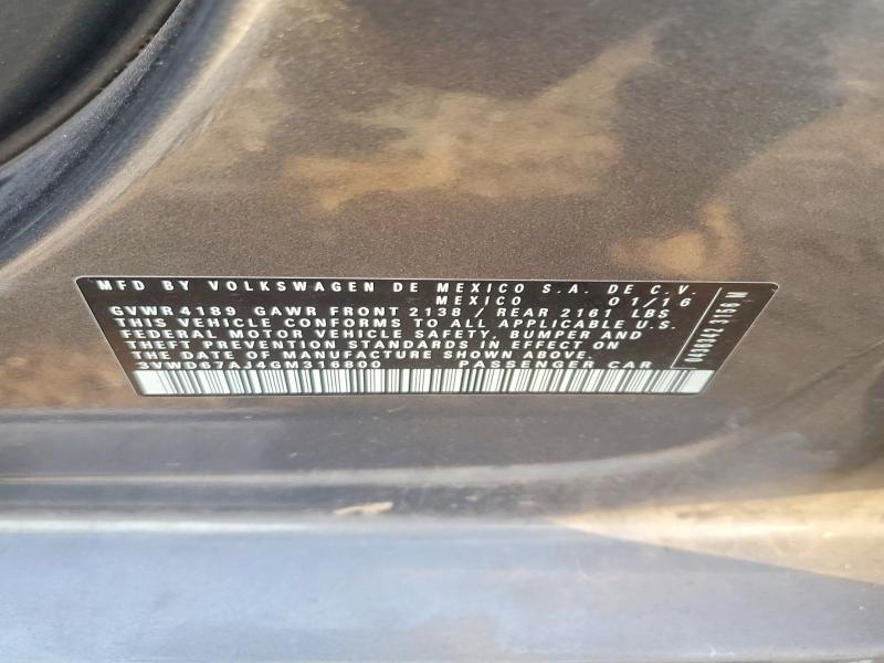 62061566 :رقم المزاد ، 3VWD67AJ4GM316800 vin ، 2016 Volkswagen Jetta مزاد بيع