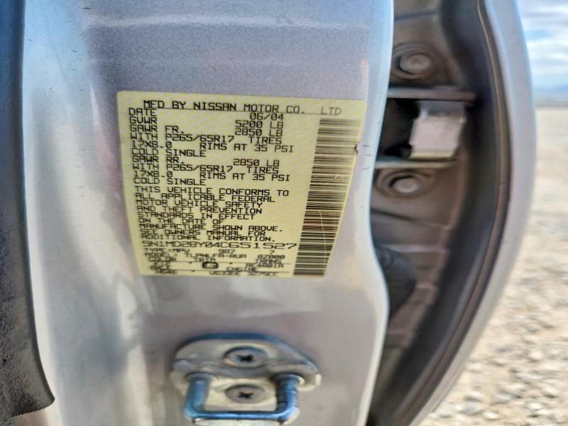 2004 Nissan Xterra მანქანა იყიდება აუქციონზე, vin: 5N1MD28Y04C651527, აუქციონის ნომერი: 62261496