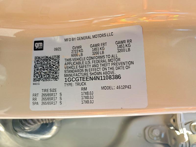Aukcja sprzedaży 2022 Chevrolet Colorado, vin: 1GCGTEEN4N1108386, numer aukcji: 60171356