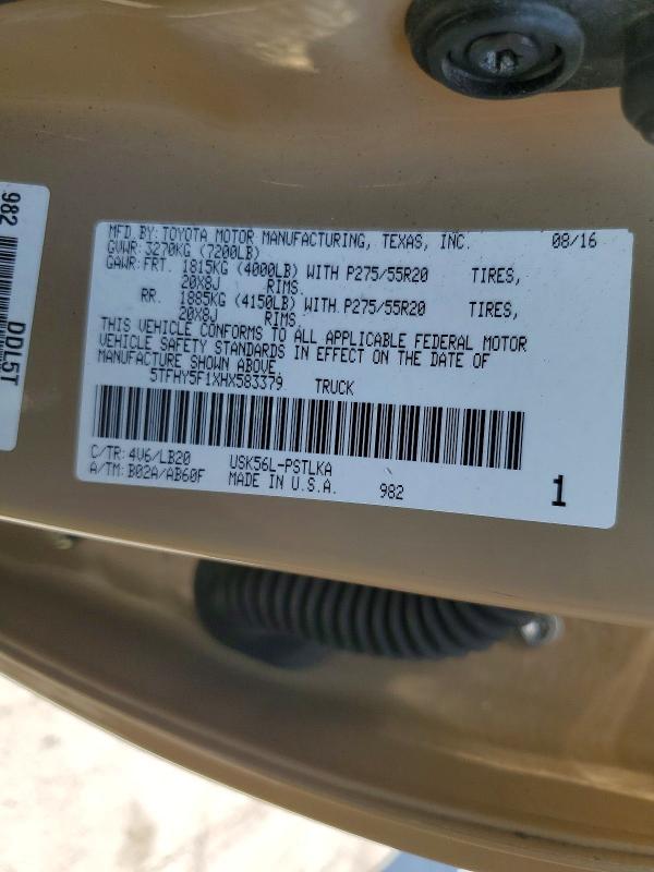Продажа на аукционе авто 2017 Toyota Tundra, vin: 5TFHY5F1XHX583379, номер лота: 60584036