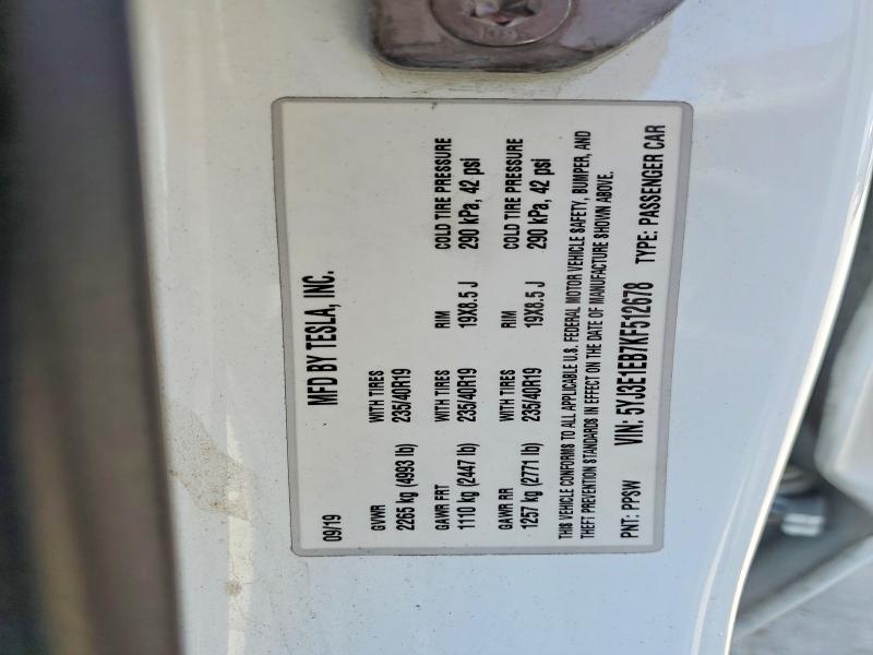 2019 Tesla Model 3 მანქანა იყიდება აუქციონზე, vin: 5YJ3E1EB7KF512678, აუქციონის ნომერი: 62910306