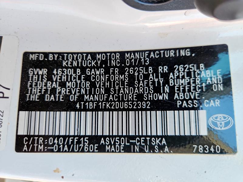 2013 Toyota Camry მანქანა იყიდება აუქციონზე, vin: 4T1BF1FK2DU652392, აუქციონის ნომერი: 59541396