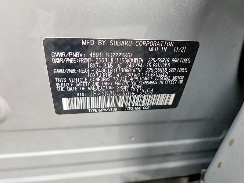 62666476 :رقم المزاد ، JF2SKAGC0NH419954 vin ، 2022 Subaru Forester مزاد بيع
