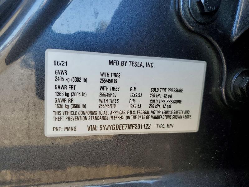 2021 Tesla Model Y მანქანა იყიდება აუქციონზე, vin: 5YJYGDEE7MF201122, აუქციონის ნომერი: 62704726