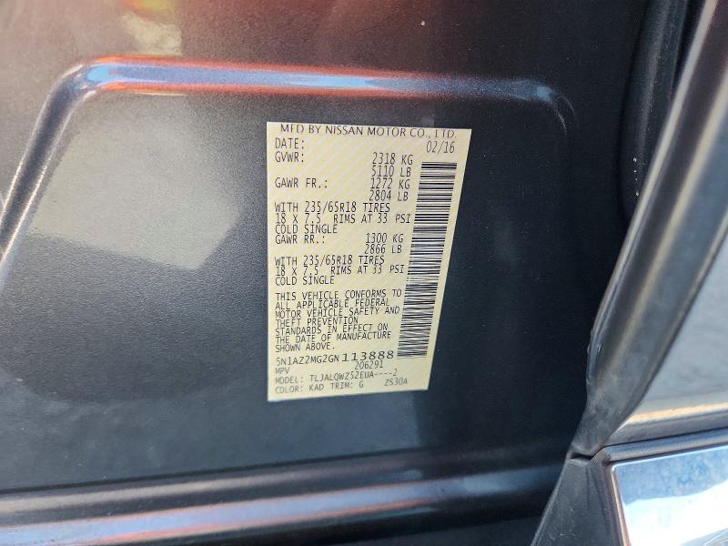 2016 Nissan Murano მანქანა იყიდება აუქციონზე, vin: 5N1AZ2MG2GN113888, აუქციონის ნომერი: 60070286