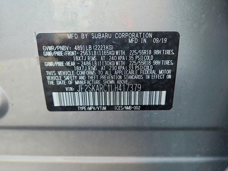 Aukcja sprzedaży 2020 Subaru Forester, vin: JF2SKARC1LH417379, numer aukcji: 62046756