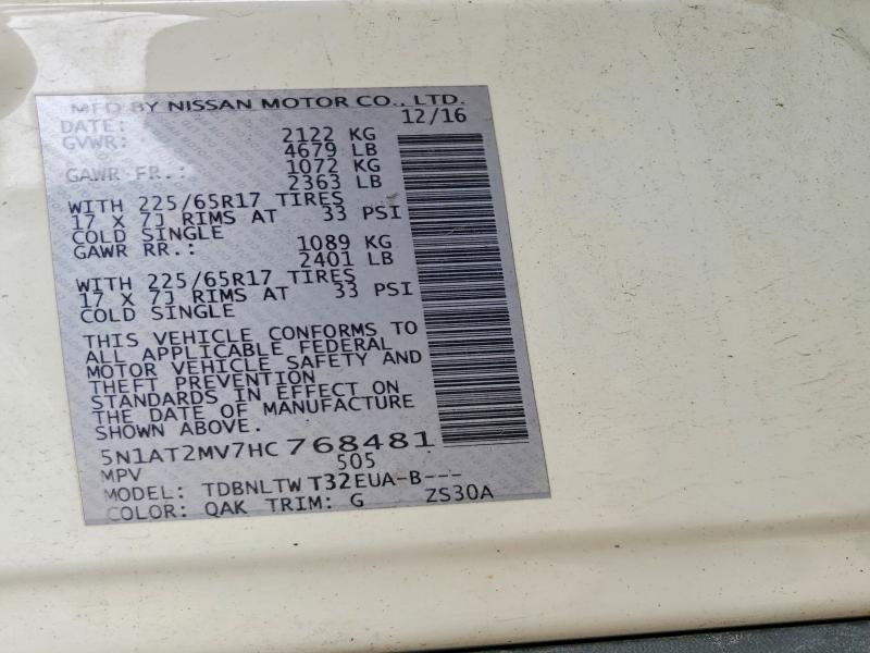 63004576 :رقم المزاد ، 5N1AT2MV7HC768481 vin ، 2017 Nissan Rogue مزاد بيع