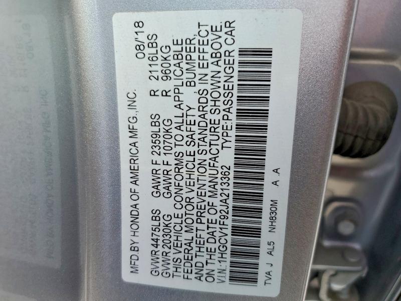 Aukcja sprzedaży 2018 Honda Accord, vin: 1HGCV1F92JA213362, numer aukcji: 59968006