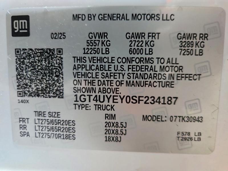 2025 Gmc Sierra მანქანა იყიდება აუქციონზე, vin: 1GT4UYEY0SF234187, აუქციონის ნომერი: 62123976