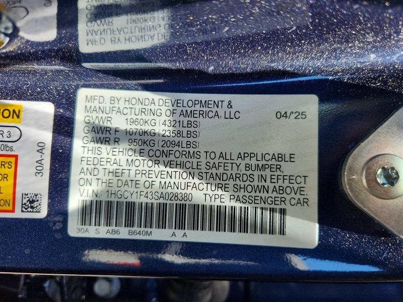 62335256 :رقم المزاد ، 1HGCY1F43SA028380 vin ، 2025 Honda Accord مزاد بيع
