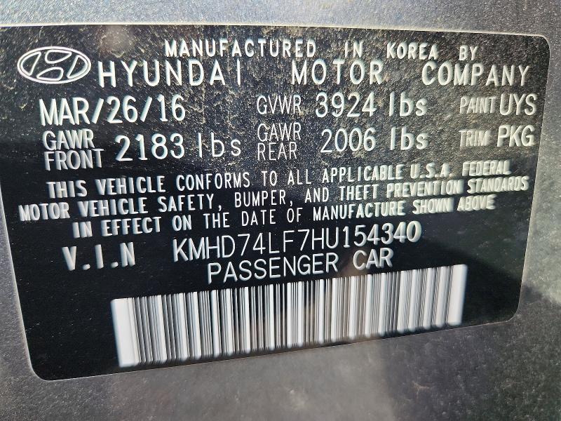 61608056 :رقم المزاد ، KMHD74LF7HU154340 vin ، 2017 Hyundai Elantra مزاد بيع