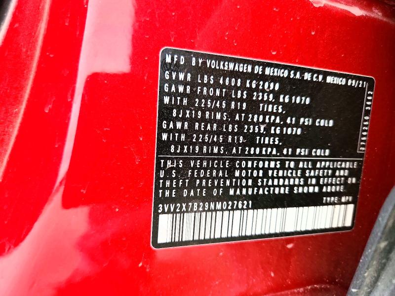 2022 Volkswagen Taos მანქანა იყიდება აუქციონზე, vin: 3VV2X7B29NM027621, აუქციონის ნომერი: 61230666